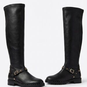 Valentino Garavani Rockstud Knee-High Boots Size 41 Black Leather Lug Sole Tall